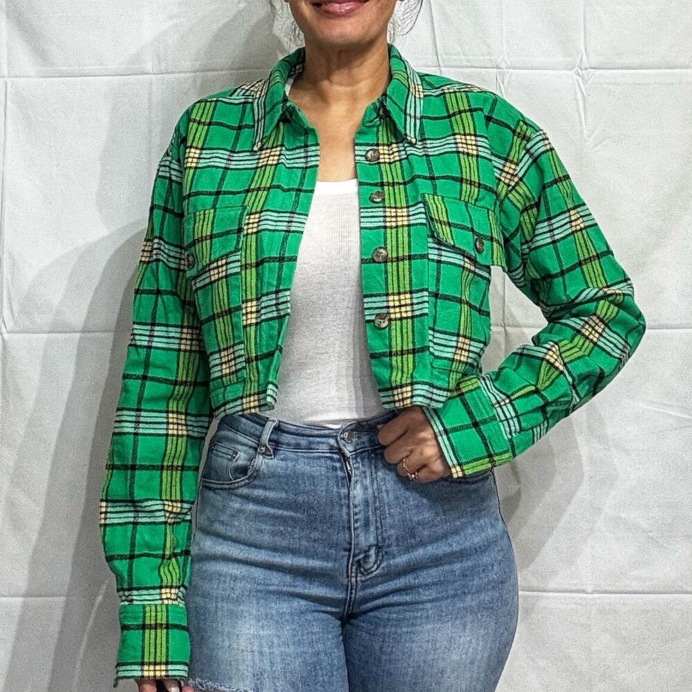 Good American Green Plaid Cropped Tartan Button Up Sz 0/XS
